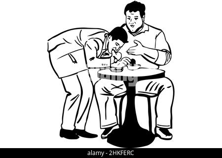 black and white vector sketch of a thin man takes food from a fat man in a cafe Stock Photo