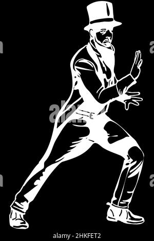 black and white vector sketch of a magician in a cylinder making passes with his hands Stock Photo