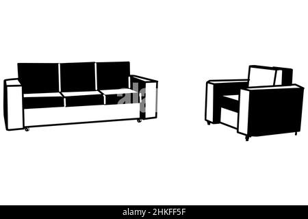 black and white vector sketch of armchair and sofa on wheels Stock Photo