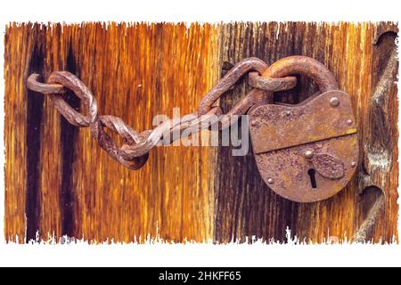 vector image of an old padlock with a chain on wooden doors Stock Photo