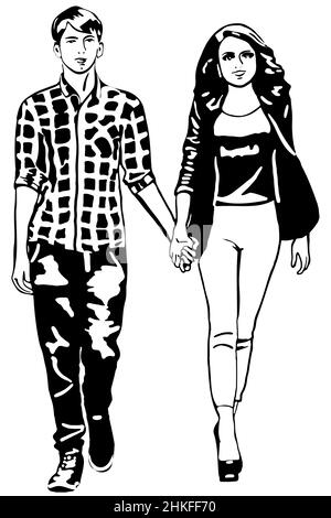 Black and white vector sketch of a guy and a girl walking holding hands Stock Photo