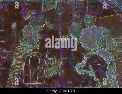 Inspired by Two men with women on their laps in a cafe, c. 1890 - c. 1910, height 116 mm × width 165 mm, Reimagined by Artotop. Classic art reinvented with a modern twist. Design of warm cheerful glowing of brightness and light ray radiance. Photography inspired by surrealism and futurism, embracing dynamic energy of modern technology, movement, speed and revolutionize culture Stock Photo