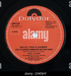 Hello, this is Joannie (the telephone answering machine song) by Paul Evans, a stock photo of the 7' single vinyl 45 rpm record Stock Photo