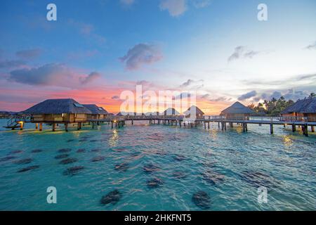 France, French Polynesia, Society Archipelago, Bora Bora Island bungalows on stilts at Bora-Bora Pearl Beach Resort & Spa Stock Photo