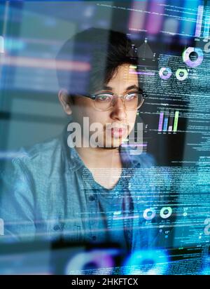 Captivated by the code. Cropped shot of a young computer programmer looking through data. Stock Photo