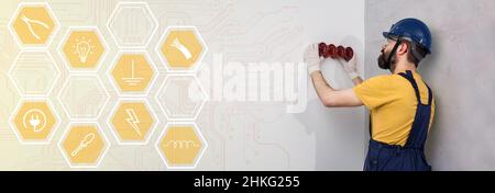 electrician in helmet installs sockets infographics Stock Photo