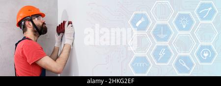 electrician in helmet installs sockets infographics Stock Photo