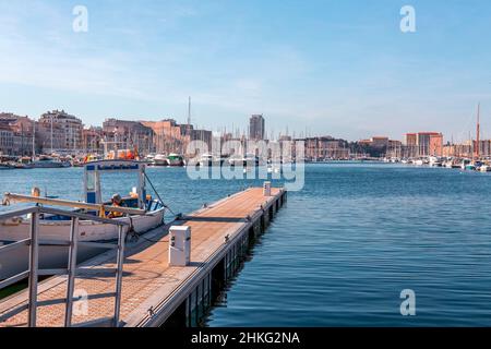 Marseille, France - January 28, 2022: View from the old port of Marseille, the prefecture of the Bouches-du-Rhône department and Provence-Alpes-Côte d
