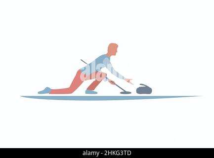 Winter sport Curling. Curling player with stone and broom on a ice rink. Color silhouette icon. Vector illustration. Stock Vector