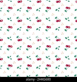 Cherry berry seamless pattern with leaves, print on white background. Vector flat illustration with different red and green elements for spring and summer Stock Vector