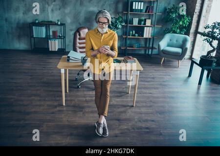 Full length body size view of attractive focused skilled gray-haired man financier using gadget at work place station indoors Stock Photo
