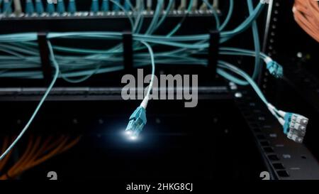 Close up fiber optic and hub in datacenter Stock Photo