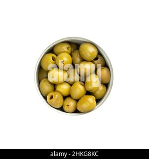 Green pitted olives in a bowl isolated over white. Top view, from above Stock Photo