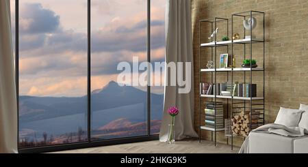 3d illustration. Modern interior of a loft hotel in the mountains. Winter chalet with a fireplace in the forest. Alps Stock Photo