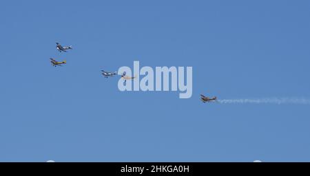 Tigermoth Planes Flying in a Southern Cross Formation during Australia Day Celebrations in Perth Stock Photo