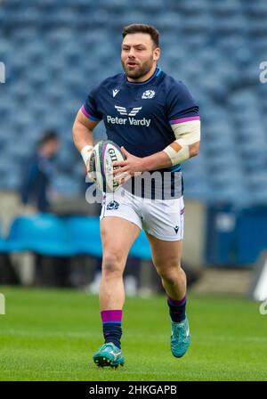 February 4th 2022. Guinness Six Nations rugby: ScotlandÕs Rory Sutherland during the Scotland Rugby Team run, BT Murrayfield,  Edinburgh.    Credit: Ian Rutherford Alamy Live News Stock Photo