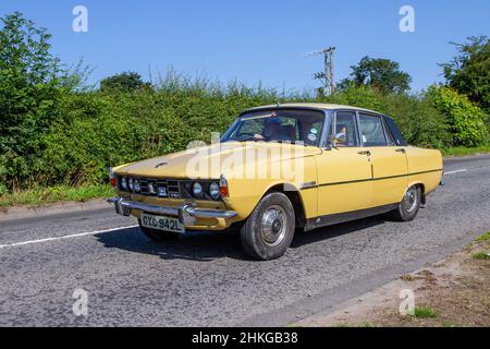 1973 70s seventies beige yellow Rover 2000 TC 1978cc petrol 4dr saloon car; en-route to Capesthorne Hall classic July car show, Cheshire, UK Stock Photo