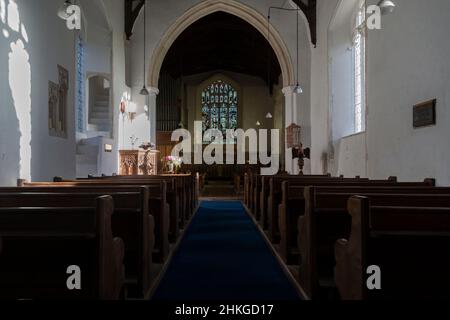Interior of Oakley church, Suffolk, England, UK view of altar and east ...