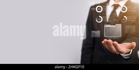 Business developer hand using board framework on virtual modern computer showing innovation Agile software development lean project management tool fa Stock Photo