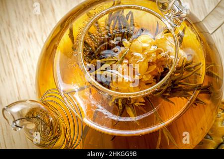 Flowering blooming exotic green tea in glass teapot, top close up view Stock Photo