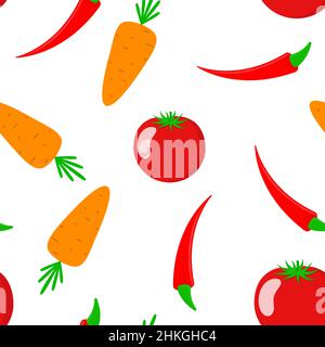 Seamless pattern with vegetables. Vector illustration. Abstract cute background with tomato, carrot and chili pepper Stock Vector