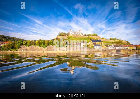 Main river mirror view of scenic Wurzburg castle and vineyards, Bavaria region of Germany Stock Photo