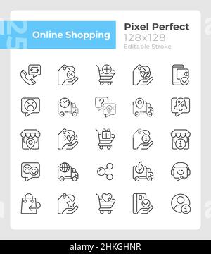 Online shopping pixel perfect linear icons set Stock Vector