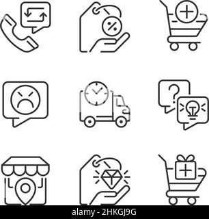 Internet shopping features pixel perfect linear icons set Stock Vector