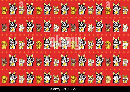 Lucky cat with bulldog bring good luck pattern Stock Vector