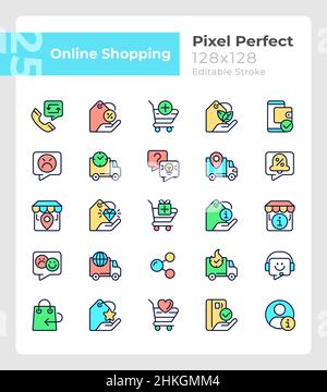Online shopping pixel perfect RGB color icons set Stock Vector