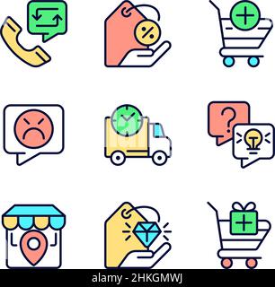 Internet shopping features pixel perfect RGB color icons set Stock Vector