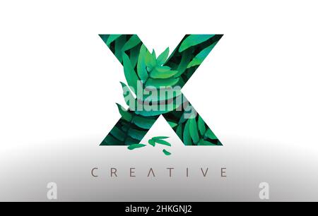 Botanical Green Eco Leaf Letter X Logo Design Icon made from Green Leafs. Creative Trendy x Leafs Vector Illustration. Stock Vector