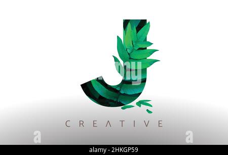 Botanical Green Eco Leaf Letter J Logo Design Icon made from Green Leafs. Creative Trendy j Leafs Vector Illustration. Stock Vector