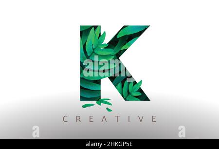 Botanical Green Eco Leaf Letter K Logo Design Icon made from Green Leafs. Creative Trendy k Leafs Vector Illustration. Stock Vector