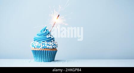 Birthday cupcake with celebration sparkler and sprinkles for a birthday party Stock Photo