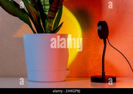 Sunset projector lamp on the table. Multi colored RGB light. Home decor. Stock Photo