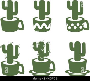 Set of monochrome colored simple drawing cactus in cups and pots Stock Vector