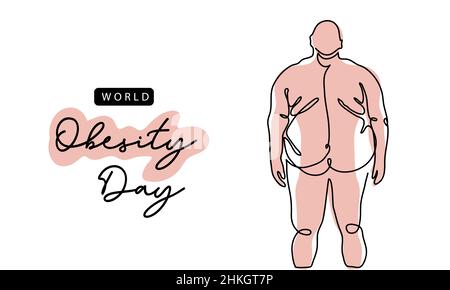 Obesity awareness day simple vector poster, banner, background. Fat man and his slim silhouette. One continuous line art drawing illustration of fat Stock Vector