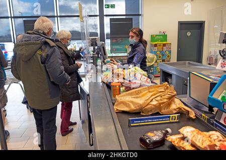Lidl supermarket interior inside store in February 2022 Wales UK Britain Stock Photo