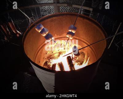 A view of Marshmallows being roasted over an open fire during the hours of darkness in Winter time. Stock Photo