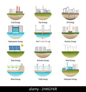 Set of electricity generation source type icons. Nonrenewable energy sources like oil, gas, coal, nuclear. Renewable energy sources like hydropower, s Stock Vector