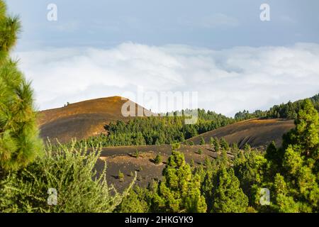 View from the Montana la Barquita in red lava landscape on the Cumbre Vieja in La Palma, Spain down to some colorful volcano craters. Stock Photo