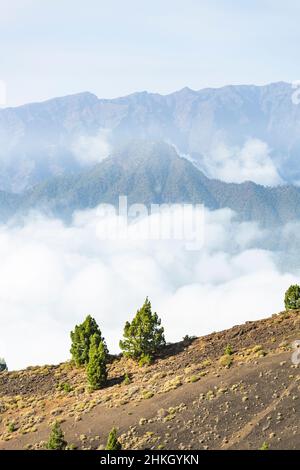 View from the Montana la Barquita over the Cumbre Vieja in La Palma, Spain to the distant Caldera de Taburiente with the Pico Bejenado. Stock Photo