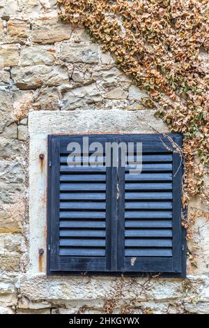 Secure Exterior window shutters on an old wooden house Stock Photo - Alamy