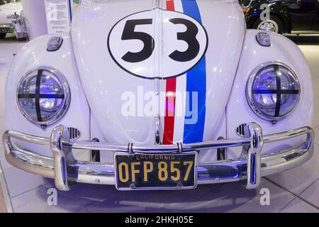 Herbie The Love Bug OFP 857 license plate and car as seen on the 1963 Volkswagen Beetle known as Herbie in the movie The Love Bug Stock Photo