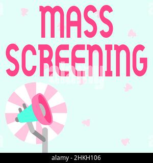 Hand writing sign Mass Screening. Business idea health evaluation performed at a large amount of population Illustration Of Pole Megaphone With Sun Stock Photo