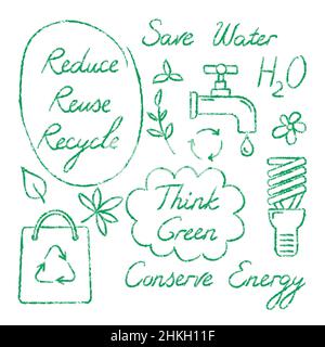 Set of hand drawn ecology icons and lettering - Reduce Reuse Recycle, Save water, Think green, Conserve Energy Stock Vector