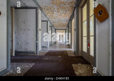 Long corridor with high windows in abandoned building. Beautiful decay. NAPOLA Ballenstedt Stock Photo