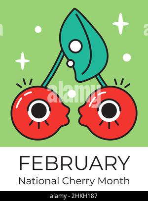 National Cherry month concept vector. Event is celebrated in February. Cartoon crazy, comic and funny berries. Two cherries kisses illustration for st Stock Vector