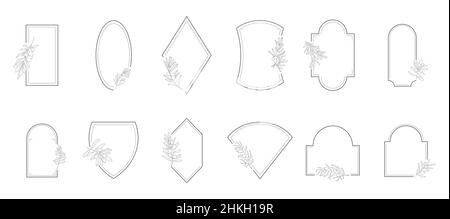 Line geometric frame with olive branch vector set in minimalistic style. Bohemian, abstract, linear frames. Minimal, outline borders of pictures for s Stock Vector
